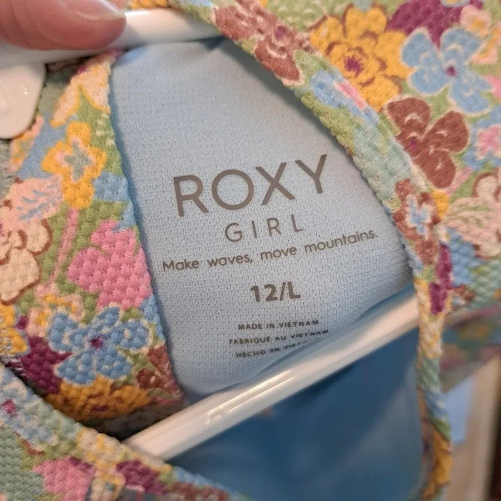 Roxy Girls Floral Long-sleeve rashguard one-piece swimsuit textured Large 12 EUC